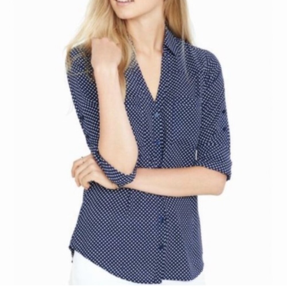 Express Navy and White Polka Dot Button-Down Shirt